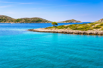 Croatian coast of rocky beach. Island in the sea, Croatia. Mediterranean scenery, Croatia, vacation travel concept.