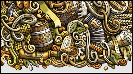 Beer Fest hand drawn doodle banner. Cartoon detailed flyer.