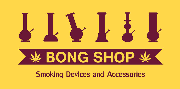 Vector icon logo Bong set. 6 isolated bongs. All in flat syle, lovely bright and stylish.Cannabis shop banner.Bong poster