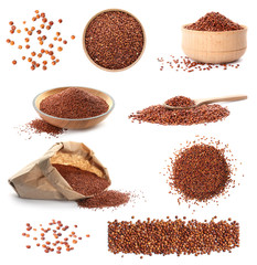 Set of raw red quinoa on white background
