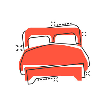 recommend clip art: Bed icon in comic style. Bedroom cartoon sign vector illustration on white isolated background. Bedstead splash effect business concept.