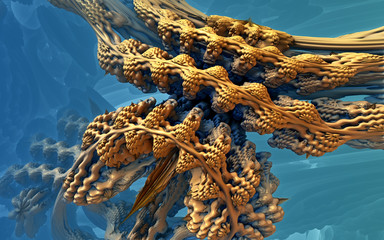 Abstract background 3D, fantastic gold shapes, interesting underwater render illustration. 