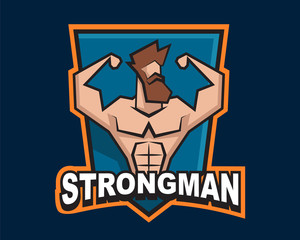 Strongman logo template for gym, sport, bodybuilding or fitness. Vector label with bearded man