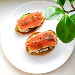 The concept of a healthy breakfast or snack.  Oat pancakes with cottage cheese, salmon and cucumber, sprinkled with dried basil on a white plate.