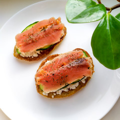 The concept of a healthy breakfast or snack.  Oat pancakes with cottage cheese, salmon and cucumber, sprinkled with dried basil on a white plate.
