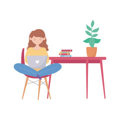 stay at home, girl using laptop with table books