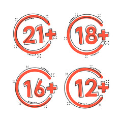 12, 16, 18, 21 plus icon in comic style. Censorship cartoon vector illustration on white isolated background. Censored splash effect business concept.