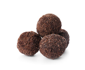 Delicious chocolate candies isolated on white. Fancy confectionery