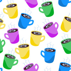 Seamless pattern of multicolored coffee mugs. Bright cups with  hot drink for wrapping, scrapbooking paper, coffee shop corporate identity. Stock vector flat illustration isolated on white background.