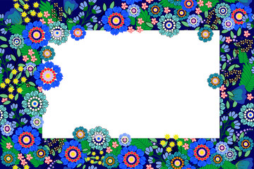 Frame of flowers on a dark blue background. Abstract blue flowering