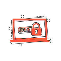 Laptop with password icon in comic style. Computer access cartoon vector illustration on white isolated background. Padlock entry splash effect business concept.