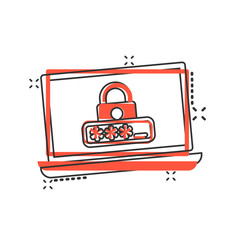 Laptop with password icon in comic style. Computer access cartoon vector illustration on white isolated background. Padlock entry splash effect business concept.