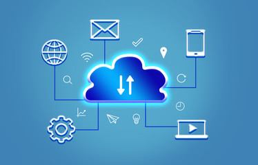 Illustration of digital cloud with different icons on blue background. Modern technology concept