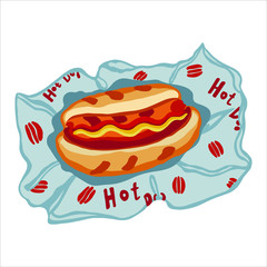 Vector illustration of appetizing tasty hot dog wrapped in paper. Fast food, quick snack.