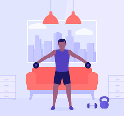Man training shoulders at home, vector