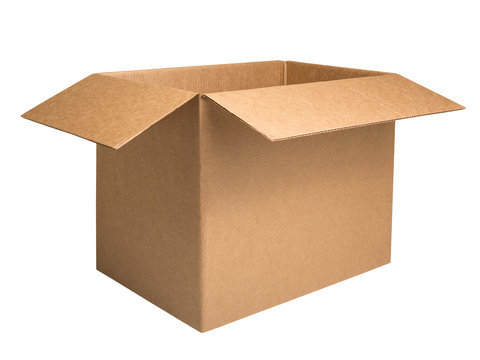 Open corrugated carton box isolated on white background. Kraft box with open lid mockup