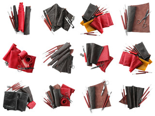 Set with leather samples and craftsman tools on white background, top view