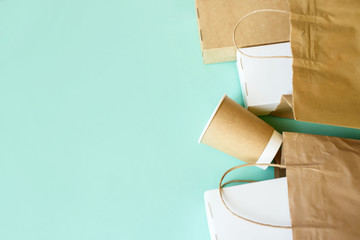 Delivery food background. Fast food eco packaging on light background