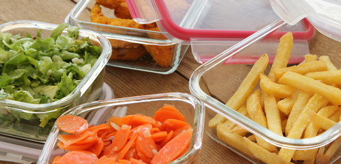 Glass bowls with various foods