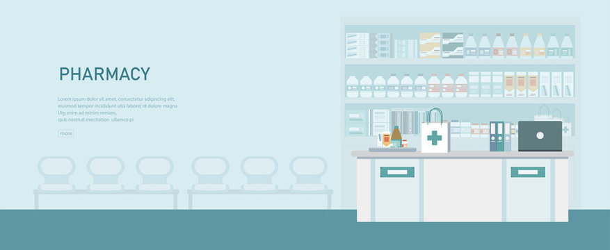 Medical banner with pharmacy counter and waiting area vector illustration