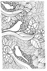 ink illustration, contours bird on a branch,  antistress coloring page