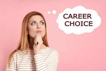 Woman thinking about career choice on pink background