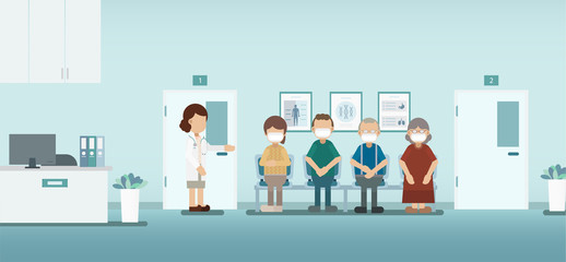 Naklejka na ściany i meble Doctor with patient in waiting area vector illustration