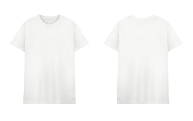 White T-shirt front and back on white background. - obrazy, fototapety, plakaty