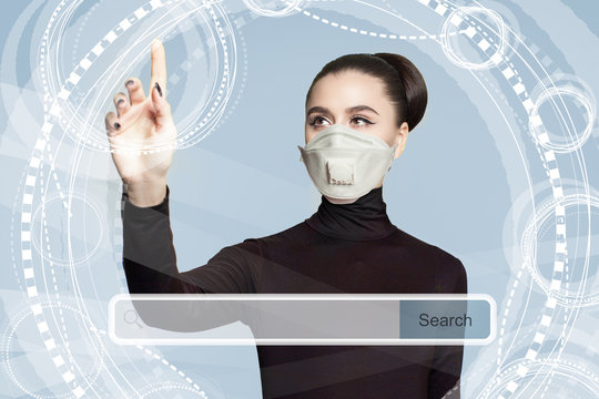 Young woman in medical face mask with empty address bar on virtual screen. New technology, www and internet surfing concept
