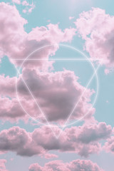 Aesthetic art collage with beautiful turquoise sky with pink clouds, triangle and circle light...