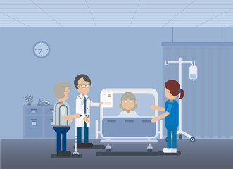 Doctor with elder patient in bed flat design vector illustration