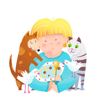 Little girl sharing food with cat and dog animals. Cute child and pets friends eating together from one plate tasty meal with spoon. Fun humour kids cartoon illustration. Vector watercolor style.
