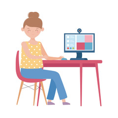 stay at home, woman with computer online connected
