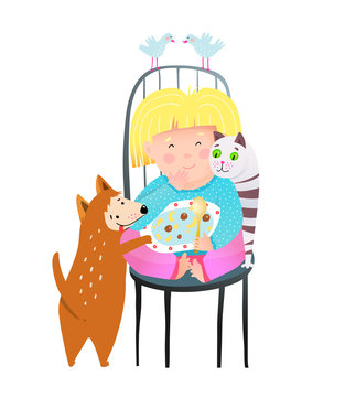 Little girl sharing food with cat dog and cat friends. Cute child sit on chair pets and birds friends eating together from one plate tasty meal. Fun humour kids vector cartoon in watercolor style.