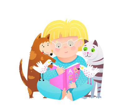 Little girl reading ABC book to cat and dog pets, sitting on floor holding open ABC book. Funny cute child study to read book, adorable preschooler kid character. Vector fun cartoon isolated clipart
