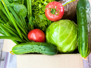 Large box with food, fresh vegetables and herbs.