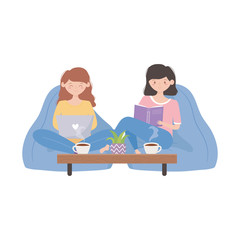 stay at home, girls with laptop and sitting on comfortable chairs