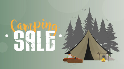 Camping sale. Green banner. Tent, Silhouette Forests, bonfire, logs, ax, tent, river, trees. Vector illustration