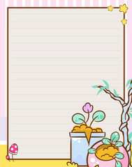 Vector printing paper note, A4 size. Lined paper blank for notebook, diary, letters, planners, notes. Kawaii plants in flower pots and tree on yellow-pink background, stars and mushrooms