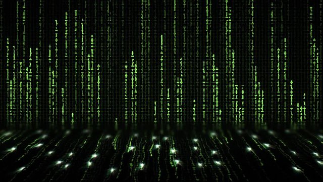 A 3d space inside a computer, with walls made of random symbols going upwards and downward (labyrinth characters, matrix code rain, a popular sci-fi movie effect).

