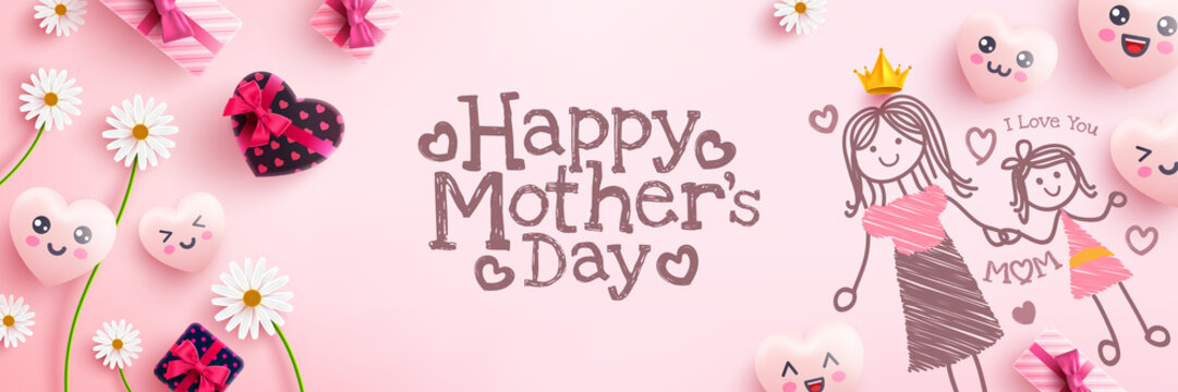 Mother's Day Poster with gift box , cute hearts and cartoon emoticon painting on pink background.Promotion and shopping template or background for Love and Mother's day concept