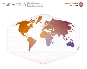 World map with vibrant triangles. Baker Dinomic projection of the world. Purple Orange colored polygons. Creative vector illustration.