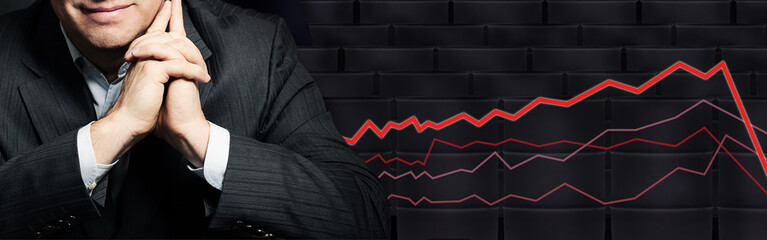 Obraz premium Politics crossed arms on crude oil barrel with down statistic chart background. Crude oil and petroleum industry concept
