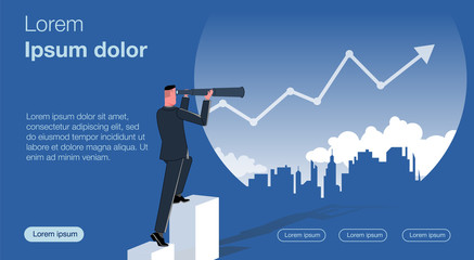 A businessman is looking through binoculars. City over which a huge arrow flies. Business vector concept illustration.