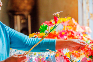 Flowers made of colored paper, in the Thanh Tien traditional village, Hue, Vietnam