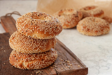 Fresh, homemade bagels with sesame seeds