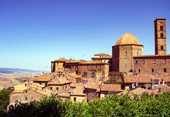 panoramic view of the countryside and the picturesque town of Volterra, Tuscany, Italy