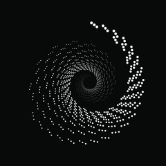Vortex white halftone dots shape. Geometric art. Trendy design element for logo, tattoo, sign, symbol, web pages, prints, posters, template, pattern and abstract background