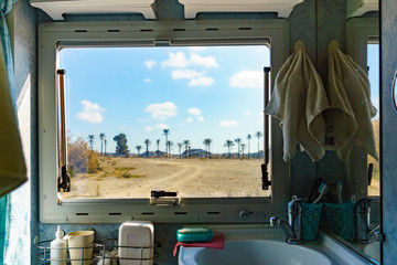 View from caravan inside on landscape in Spain