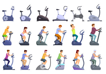Exercise bike icons set. Cartoon set of exercise bike vector icons for web design